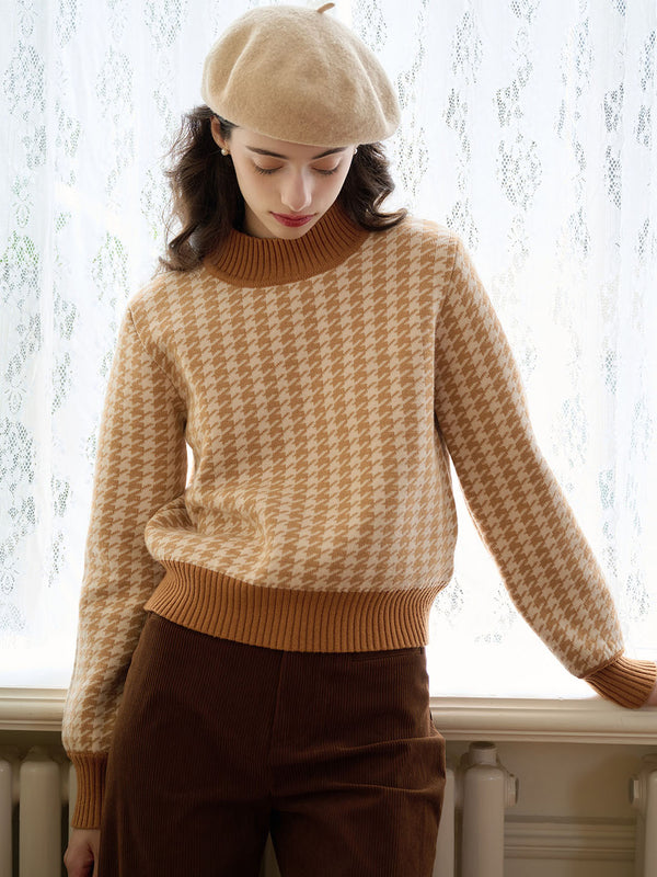 Maya Houndstooth Pattern Contrast Trim Sweater