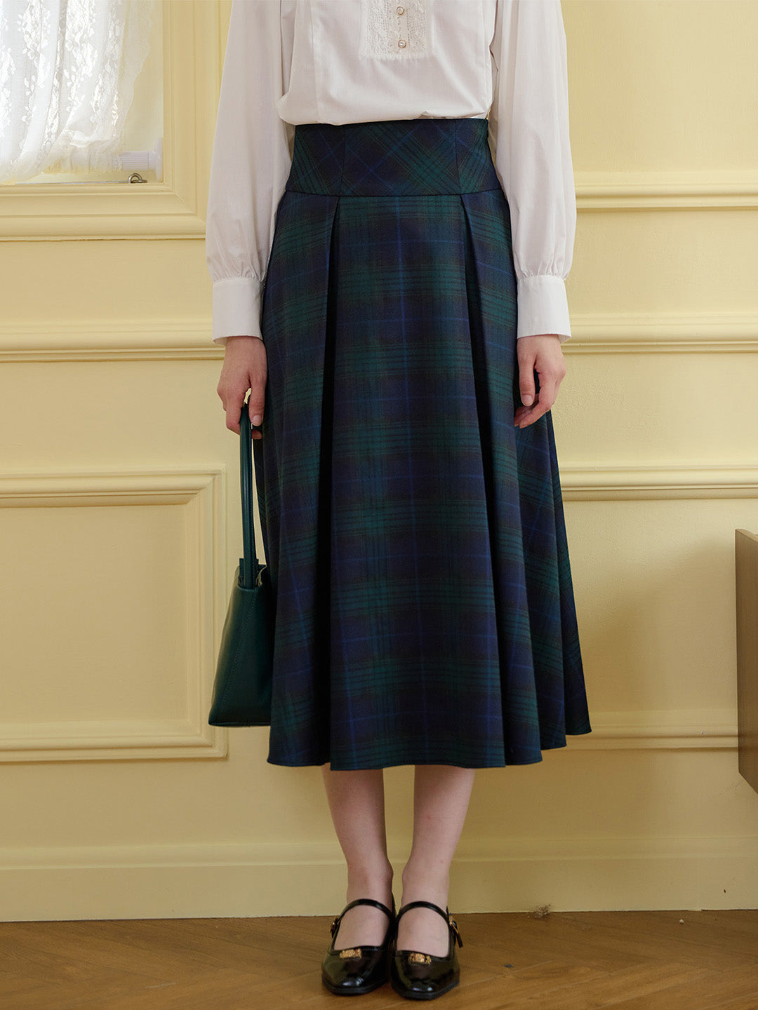 【Final Sale】Vivian Plaid Print Fold Pleated Detail Skirt