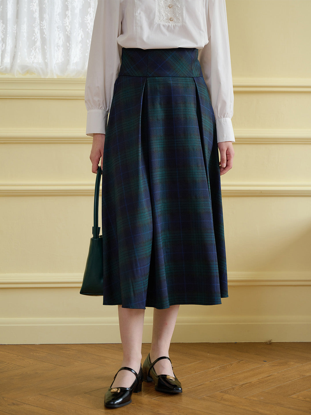 【Final Sale】Vivian Plaid Print Fold Pleated Detail Skirt
