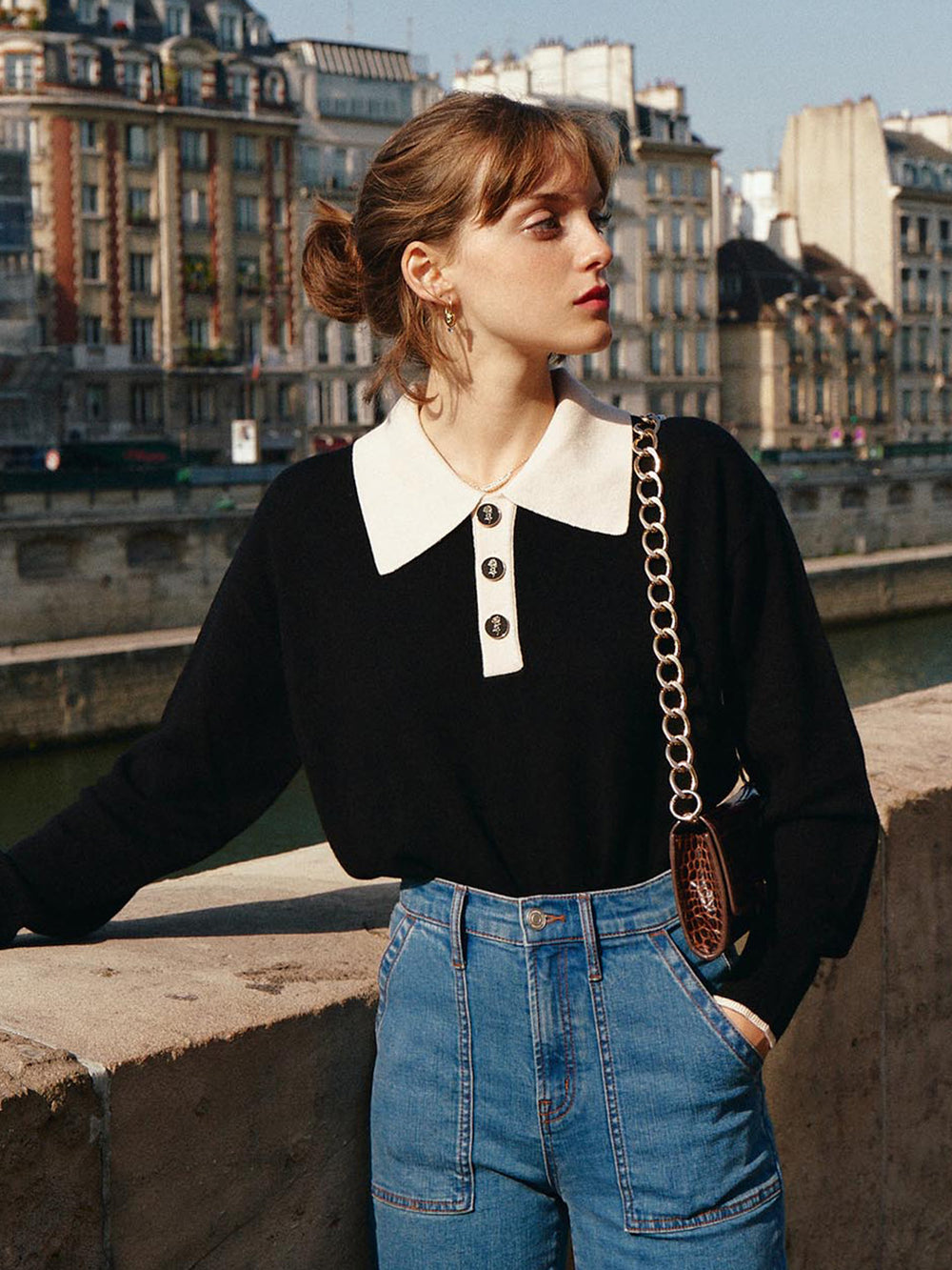 Selena Collared Stripe Color Block Sweater Knit Top main image 1