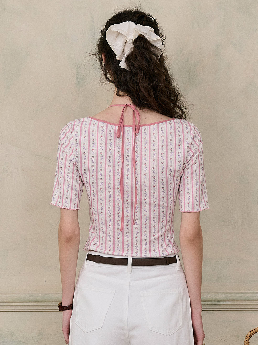 【Final Sale】Nadia Round Neck Bow Contrast Rose Floral Print Striped Knit T-shirt