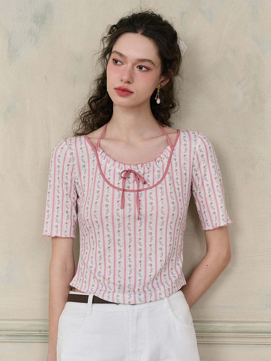 【Final Sale】Nadia Round Neck Bow Contrast Floral Print Striped Knit T shirt