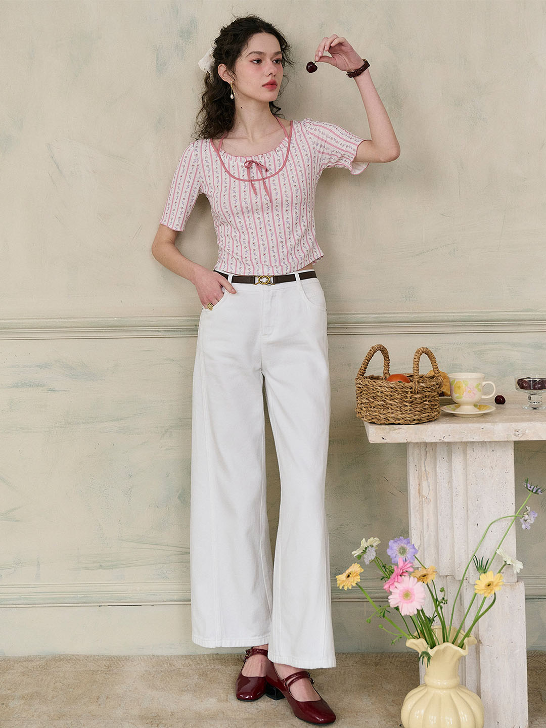 【Final Sale】Nadia Round Neck Bow Contrast Rose Floral Print Striped Knit T-shirt