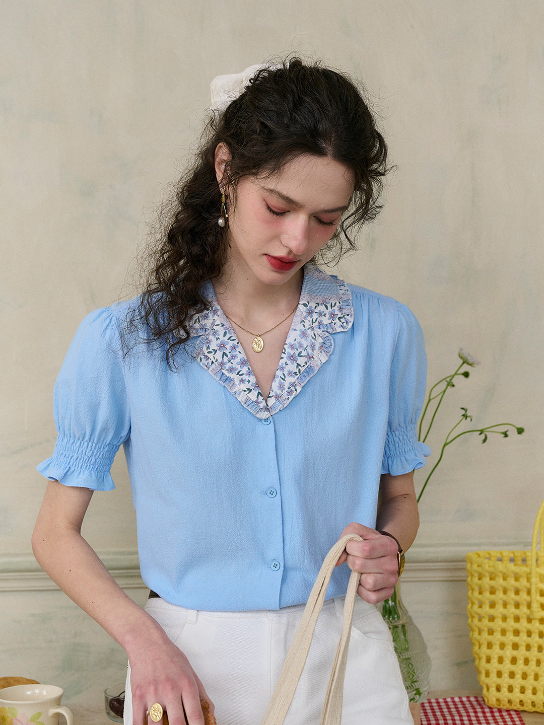 Noemi Vintage Floral Print Lapel Puff Sleeve Cotton Blouse