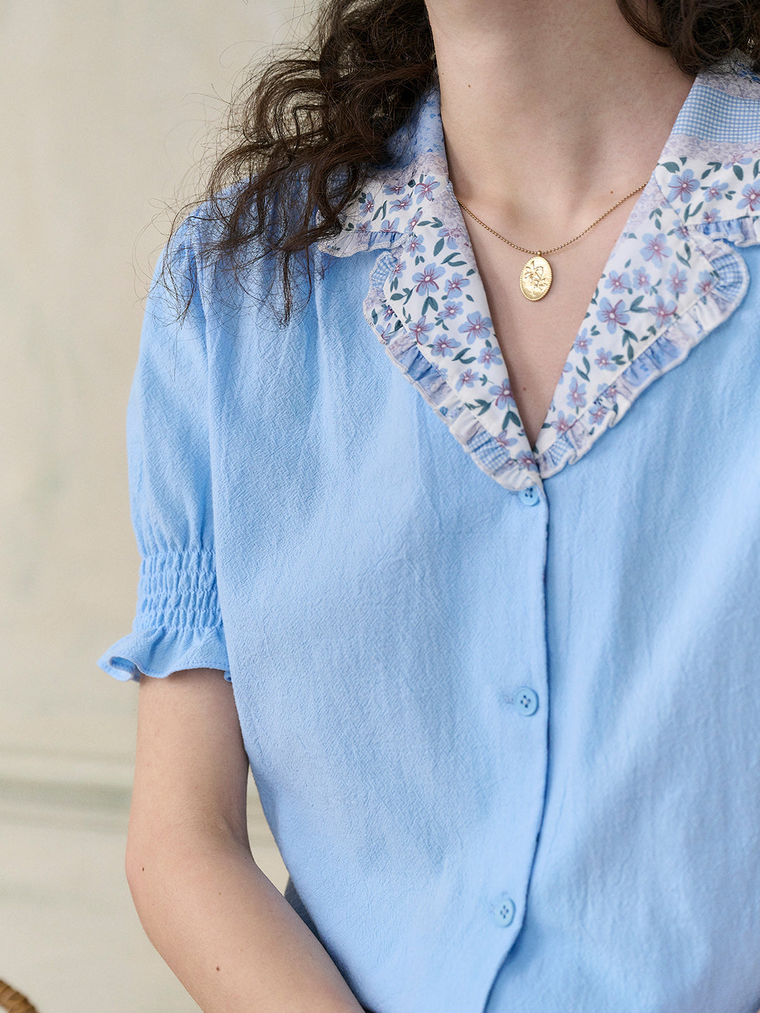 Noemi Vintage Floral Print Lapel Puff Sleeve Cotton Blouse