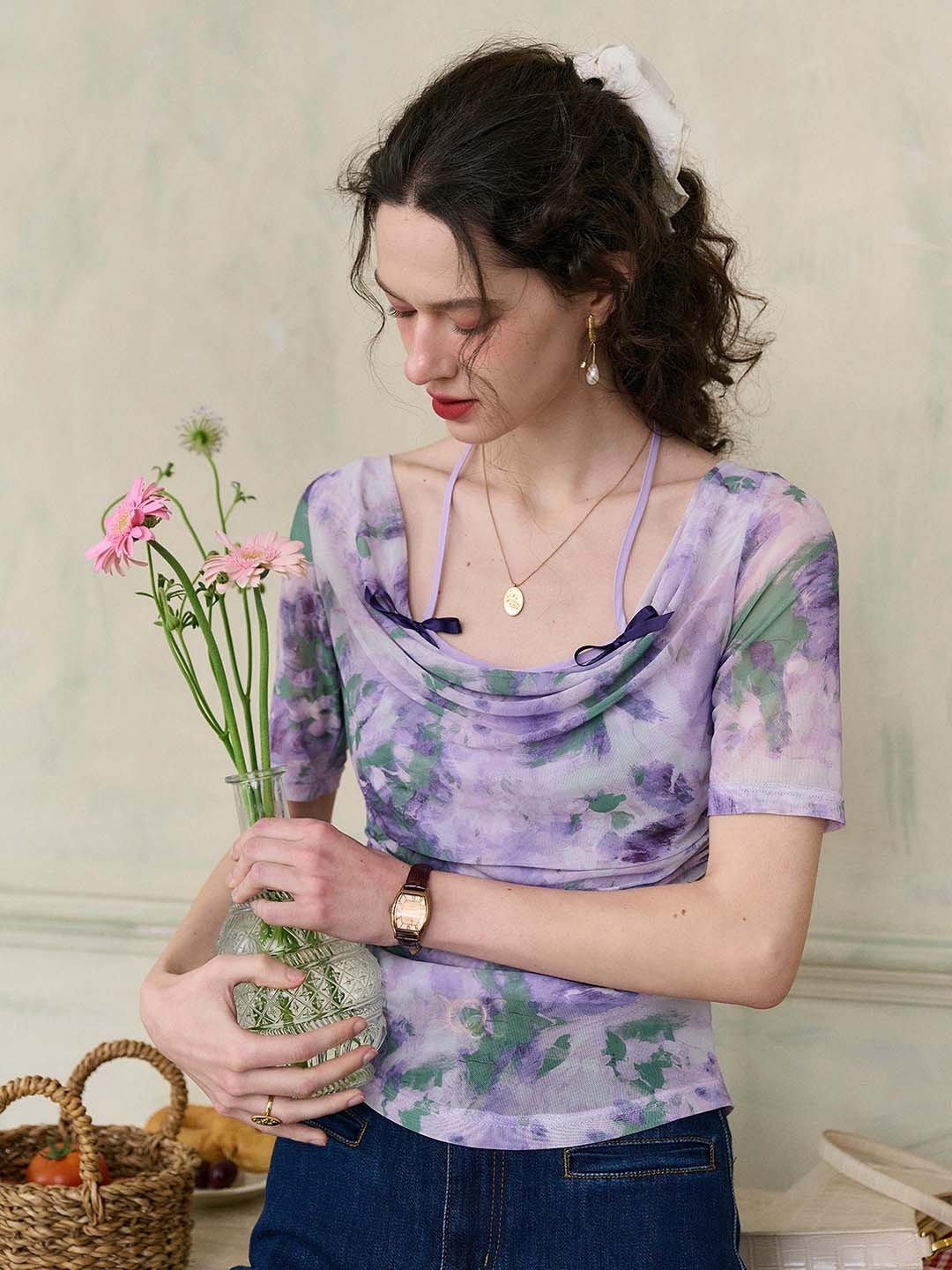 【Final Sale】Frankie Floral Print Contrast Color Bow Top