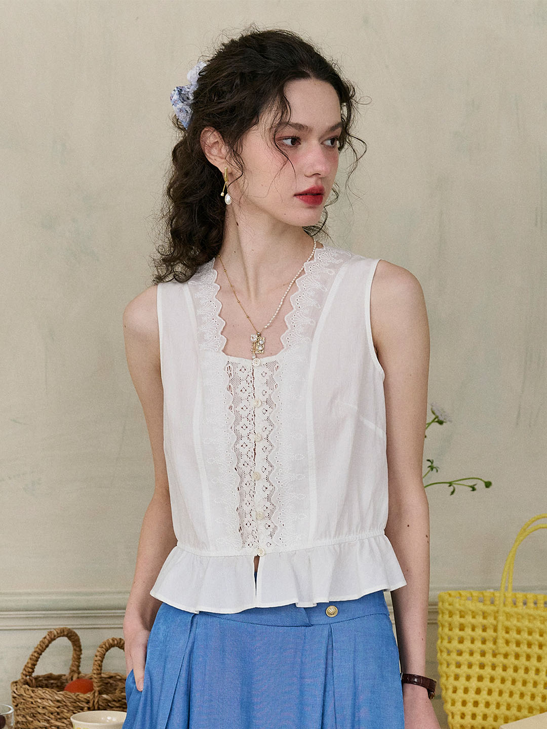 Mira Wave Lace Square Neck Embroidered Ruffle Hem Sleeveless Cotton Top