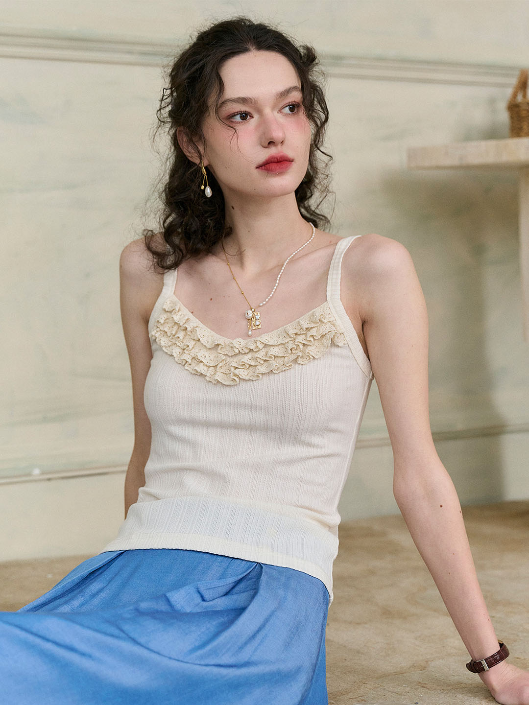 (Add-on Item) Gracie French V-neck Ruffle Lace Ribbed Camisole Top