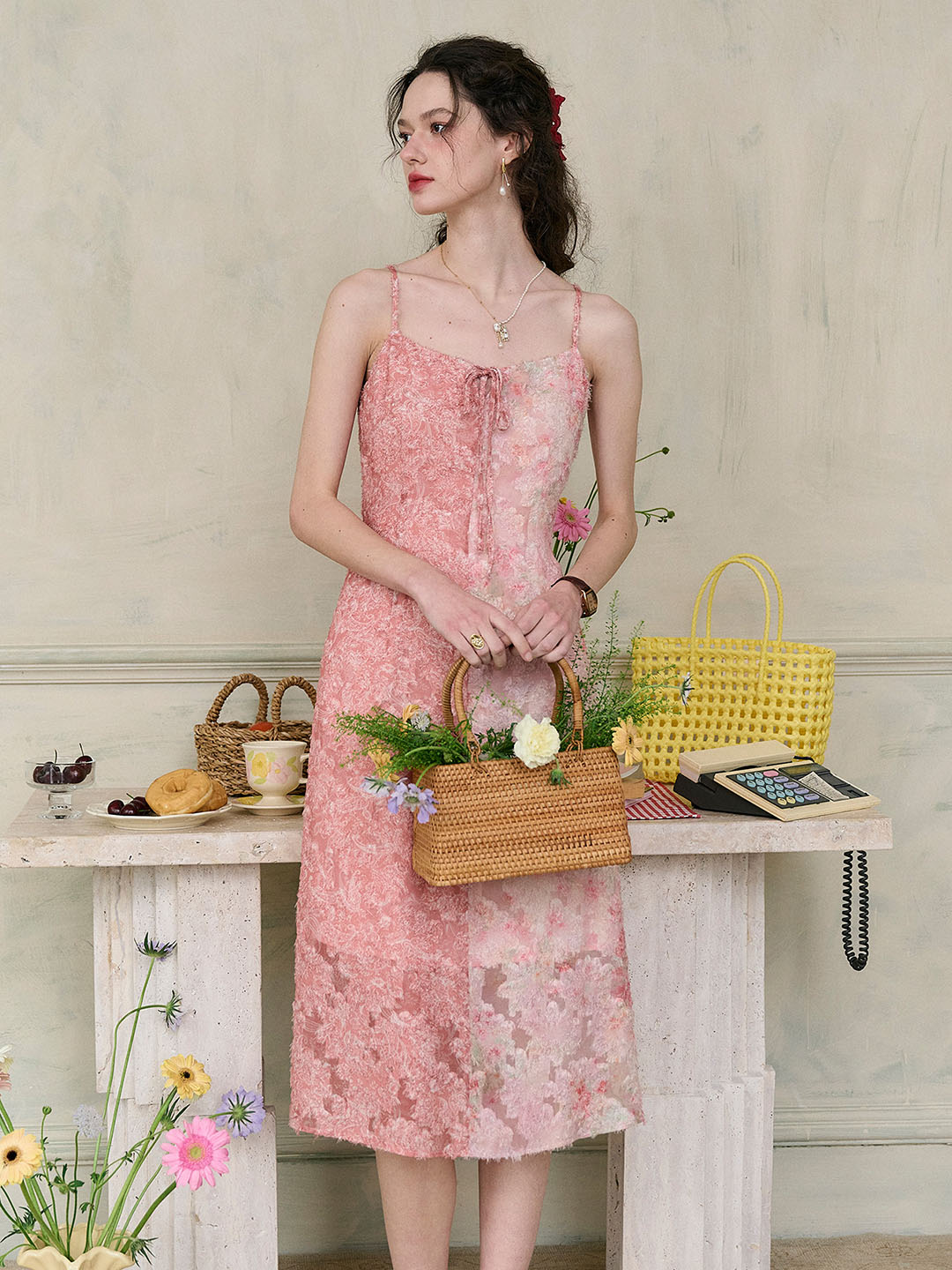 【Final Sale】Blaire Floral Contrast Patchwork Bow Square Neck Slip Dress