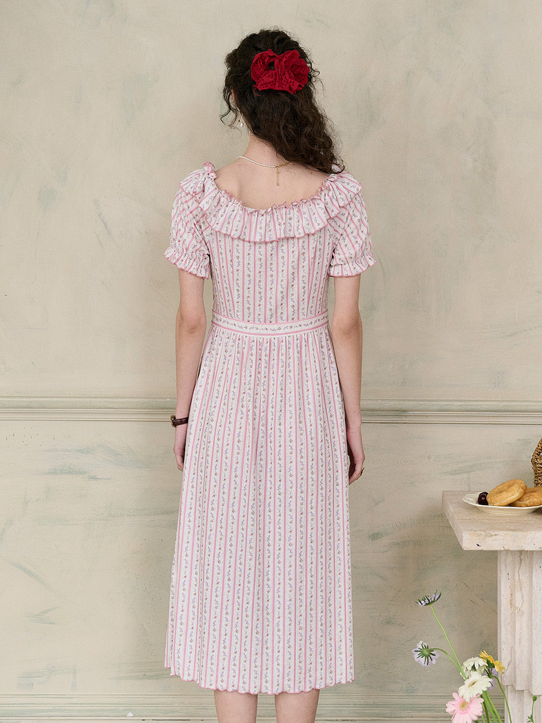 【Final Sale】Judith Square Collar Trimmed Floral Bow Stripe Dress