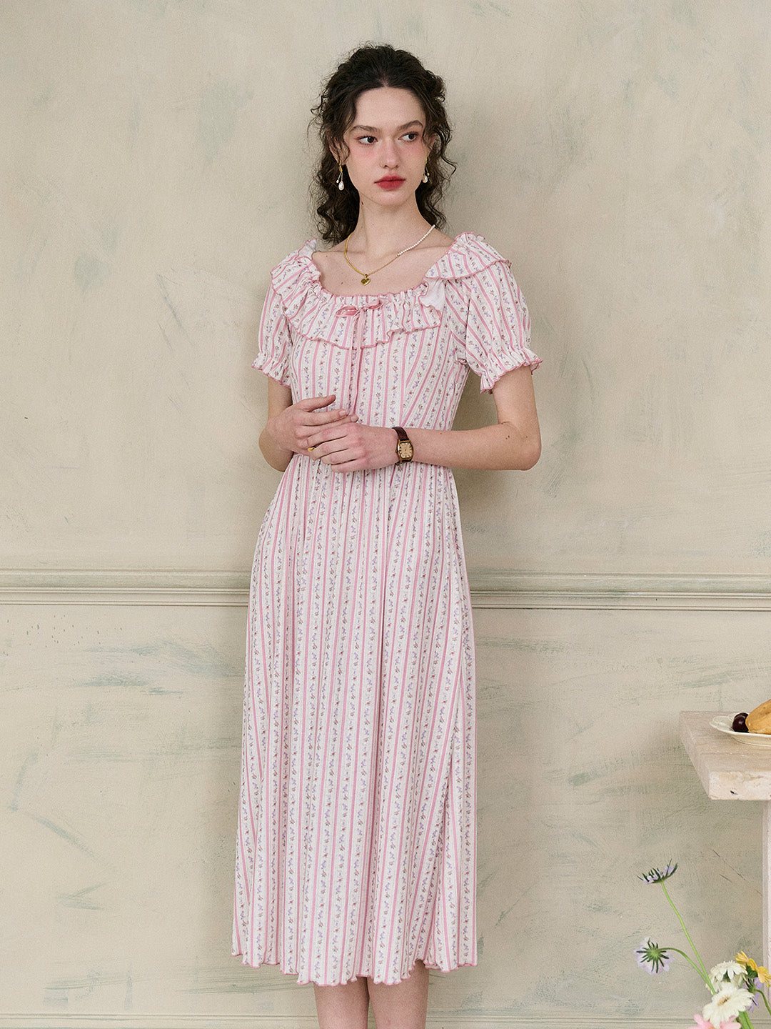 【Final Sale】Judith Square Collar Trimmed Floral Bow Stripe Dress