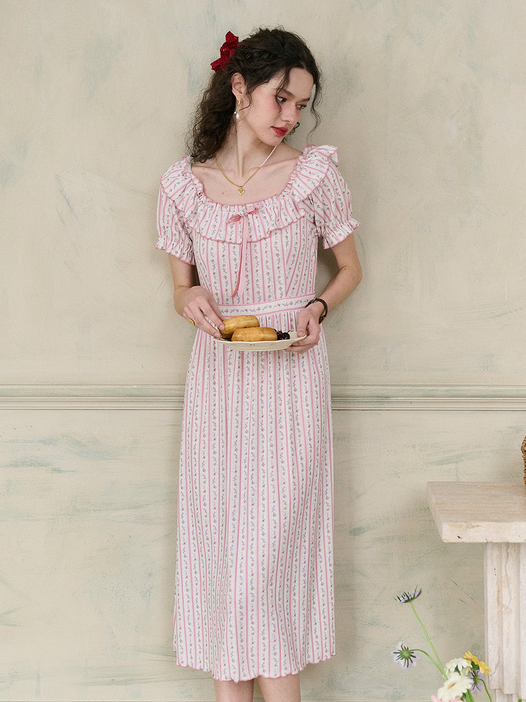【Final Sale】Judith Square Collar Trimmed Floral Bow Stripe Dress