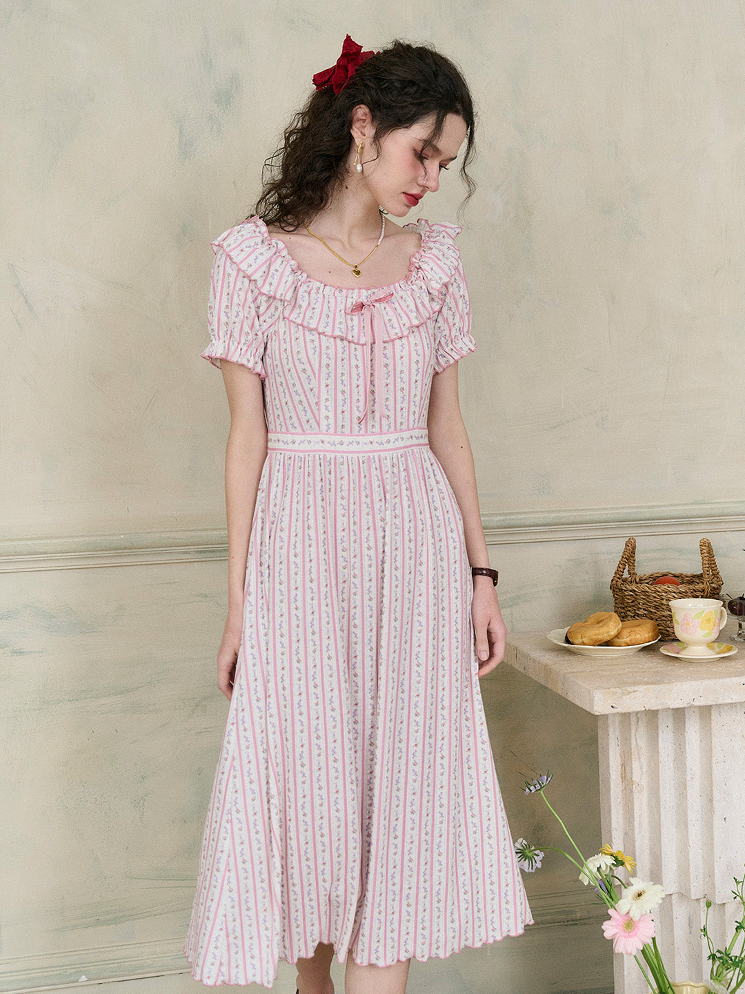 【Final Sale】Judith Square Collar Trimmed Floral Bow Stripe Dress