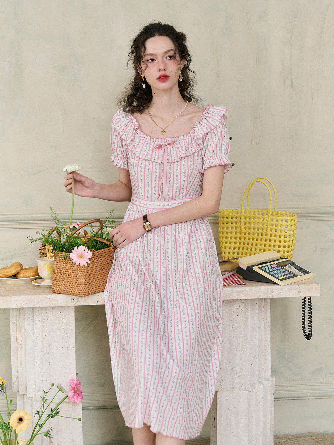 【Final Sale】Judith Square Collar Trimmed Floral Bow Stripe Dress