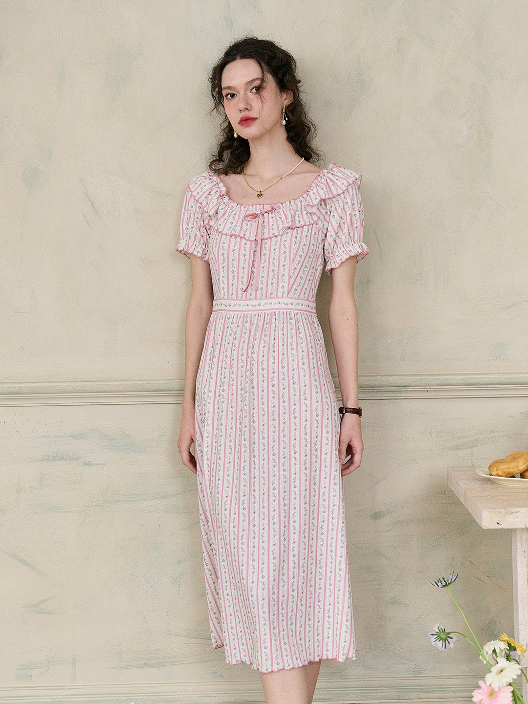 【Final Sale】Judith Square Collar Trimmed Floral Bow Stripe Dress