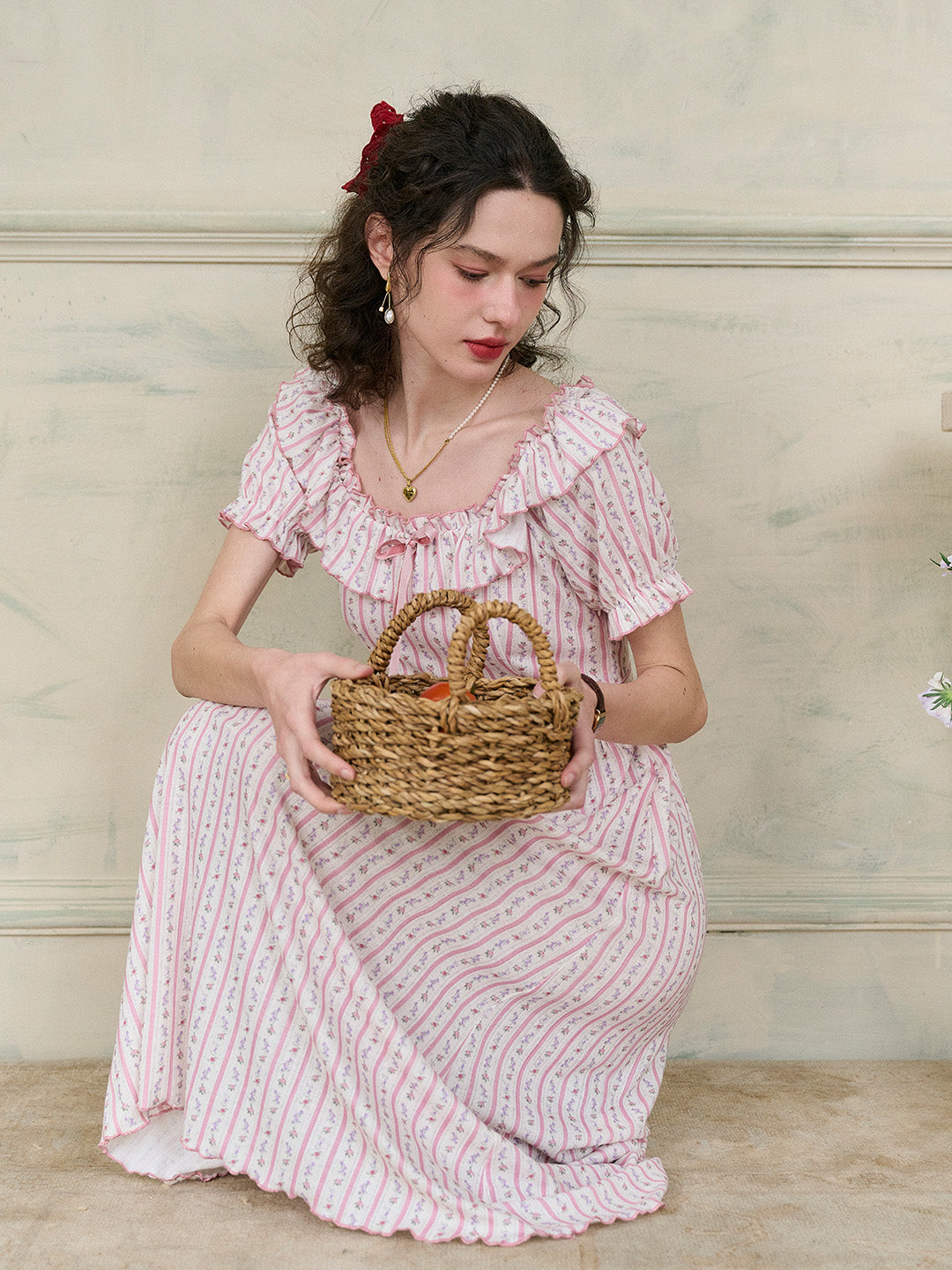 【Final Sale】Judith Square Collar Trimmed Floral Bow Stripe Dress