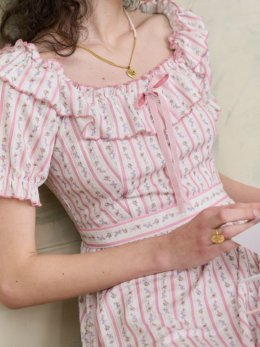 【Final Sale】Judith Square Collar Trimmed Floral Bow Stripe Dress