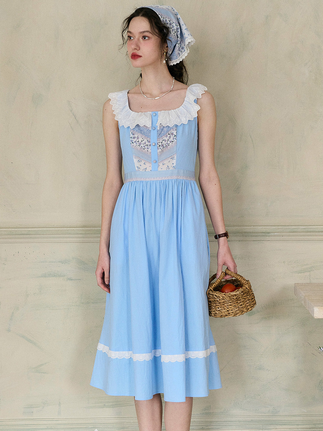 【Final Sale】Yamileth Square Collar A-Line Contrasting Floral Sleeveless Cotton Dress