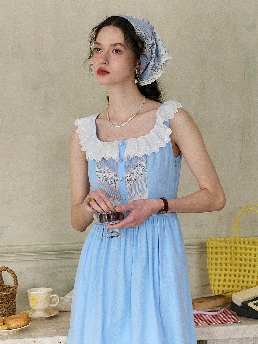 【Final Sale】Yamileth Square Collar A-Line Contrasting Floral Sleeveless Cotton Dress
