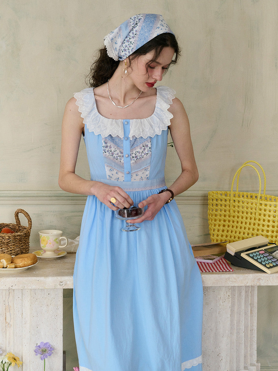 【Final Sale】Yamileth Square Collar A-Line Contrasting Floral Sleeveless Cotton Dress