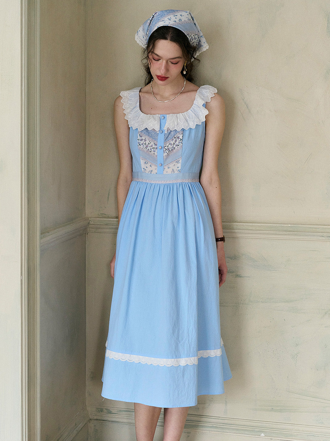 【Final Sale】Yamileth Square Collar A-Line Contrasting Floral Sleeveless Cotton Dress
