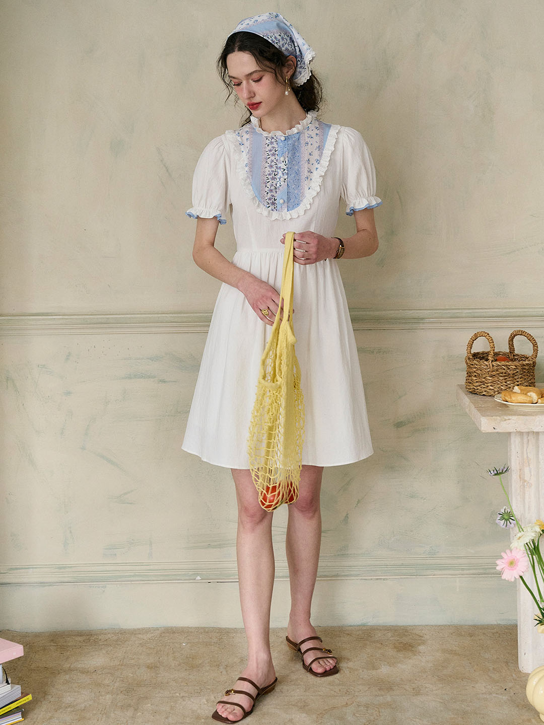 【Final Sale】Katie Lace Round Neck Striped Floral Contrast Puff Sleeve Patchwork Cotton Dress