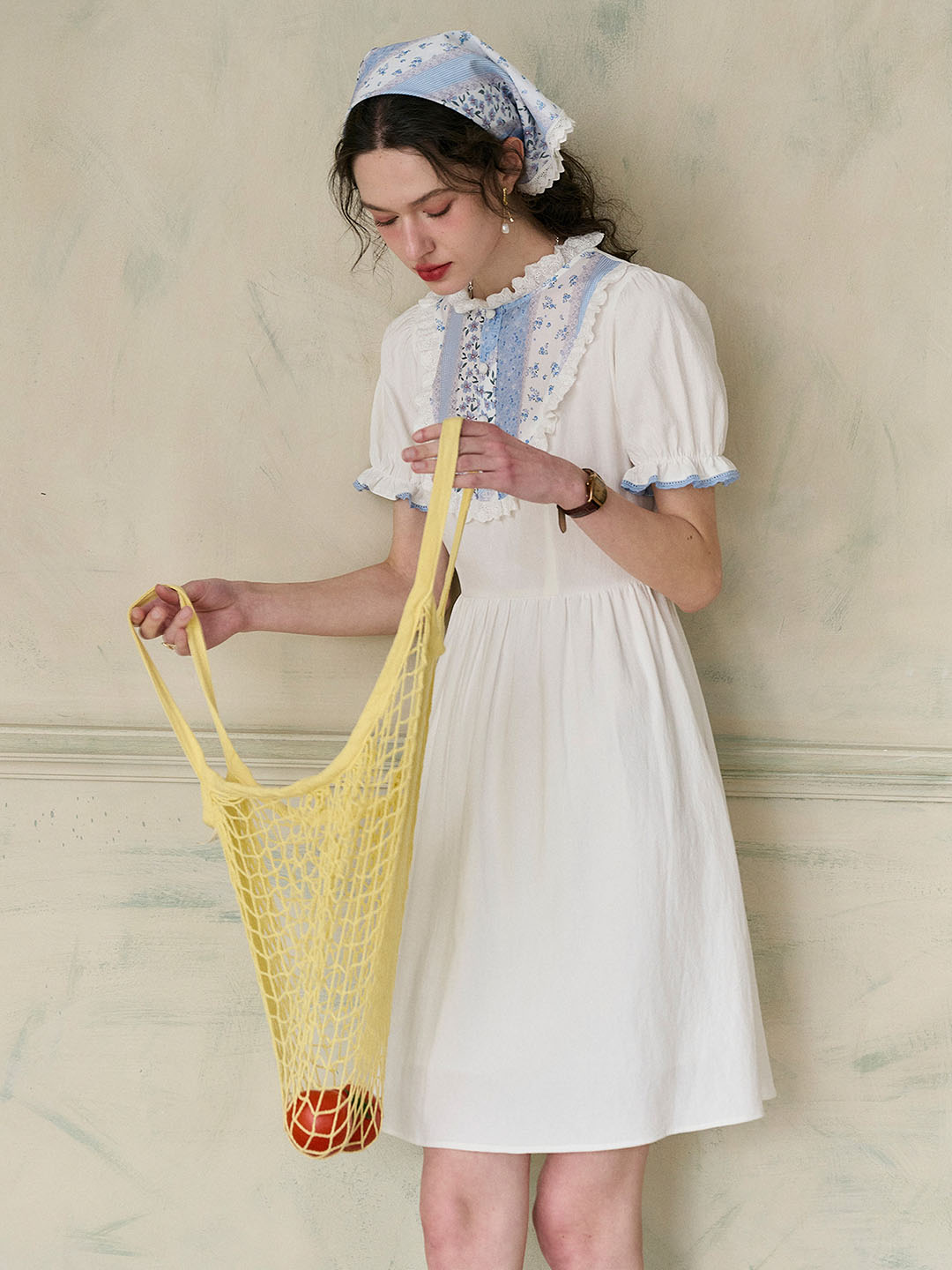 【Final Sale】Katie Lace Round Neck Striped Floral Contrast Puff Sleeve Patchwork Cotton Dress