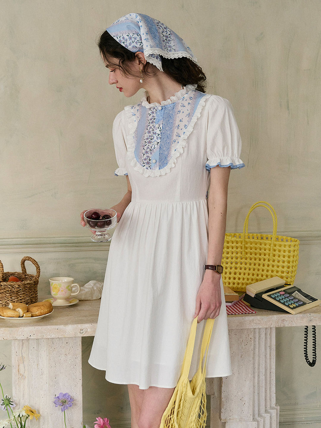 【Final Sale】Katie Lace Round Neck Striped Floral Contrast Puff Sleeve Patchwork Cotton Dress