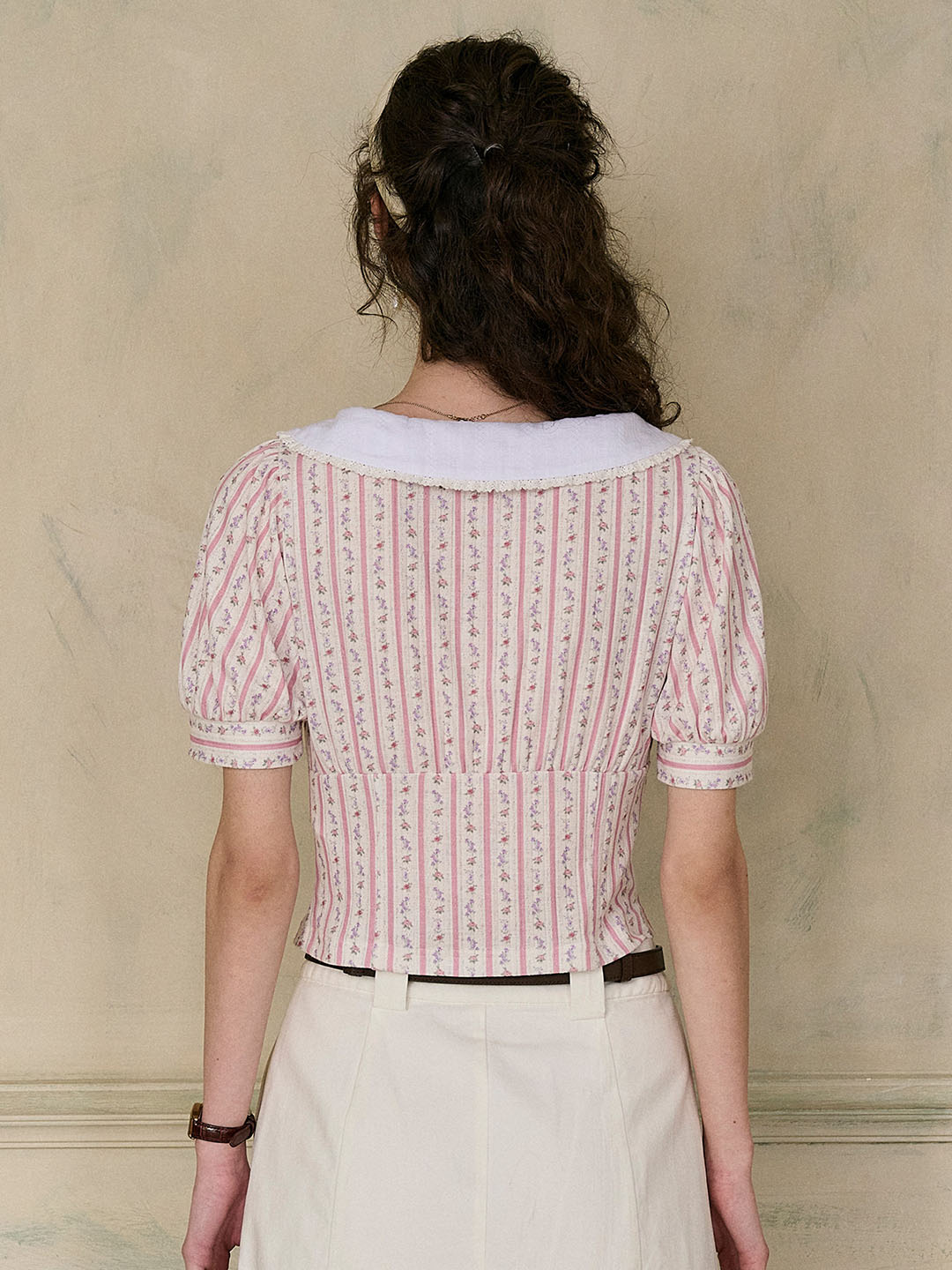 Meredith Lace Peter Pan Collar Bow Contrast Rose Floral Print Striped Knit Blouse