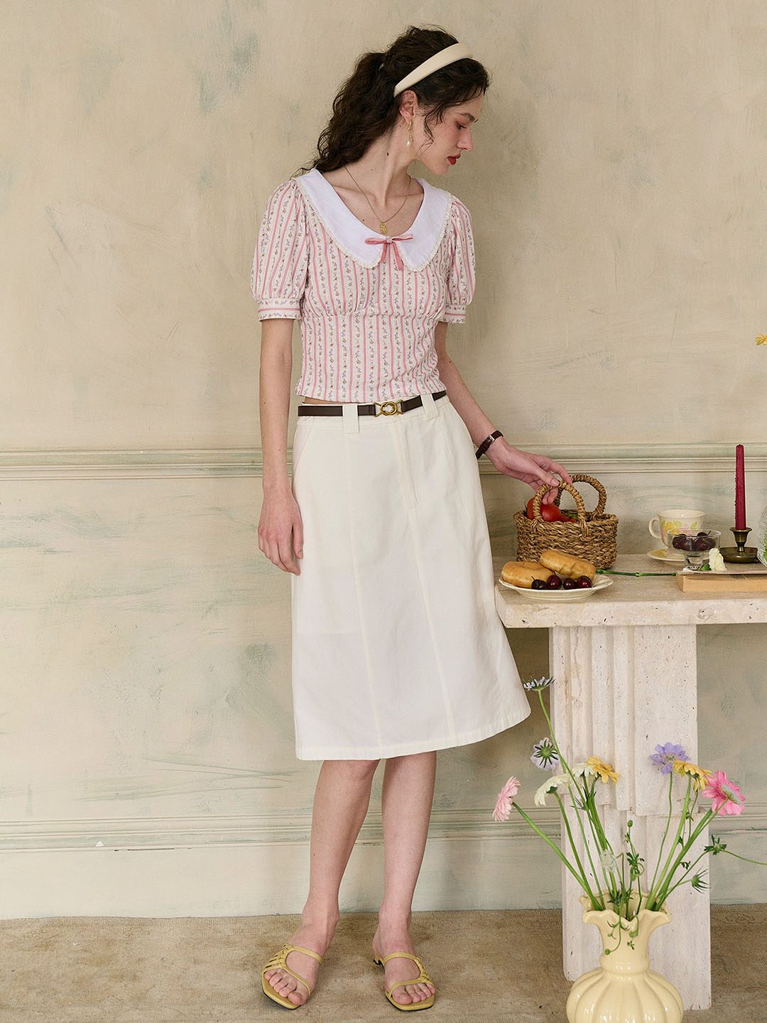 Meredith Lace Peter Pan Collar Bow Contrast Rose Floral Print Striped Knit Blouse