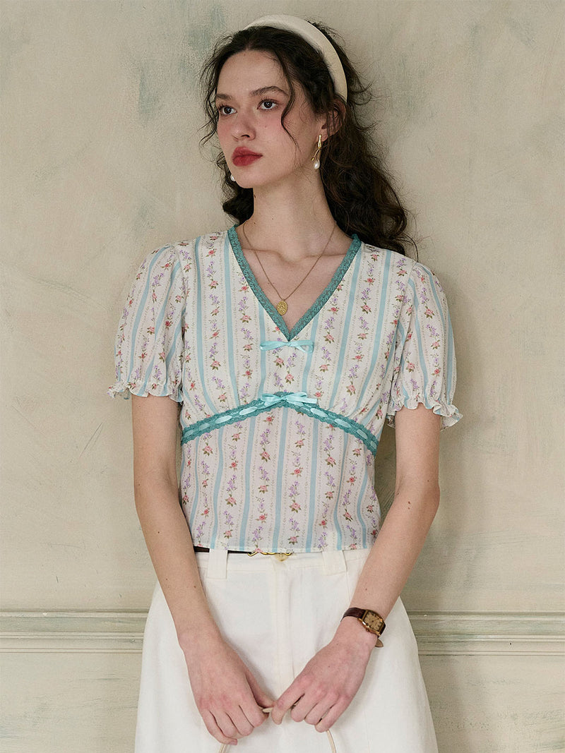 Blue Stripe 88 LOS ANGEL Graphic Lace Patchwork Faux Two Piece V Neck Top