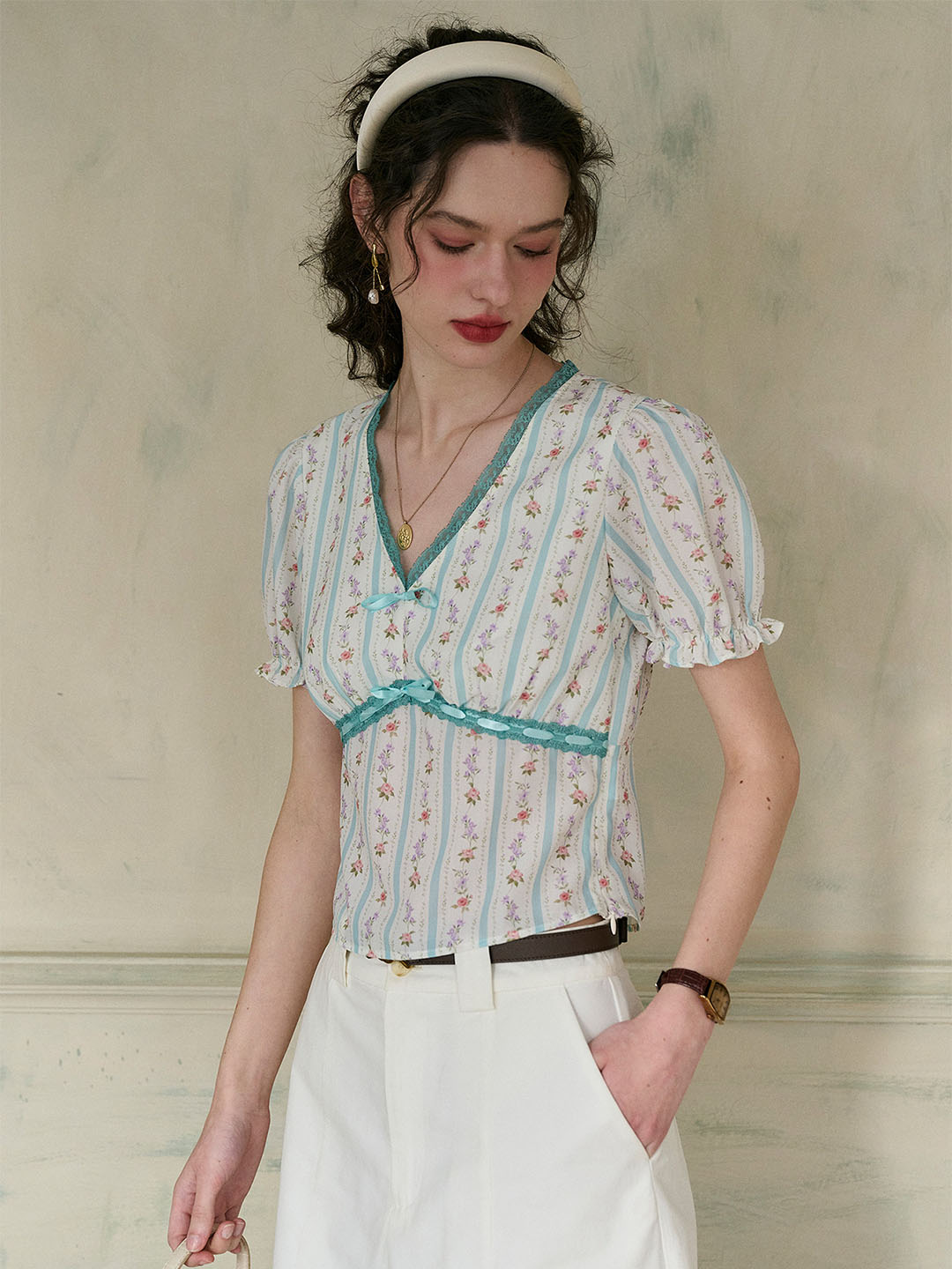 Angel - 3/4 Sleeve Stripe V Neck Top