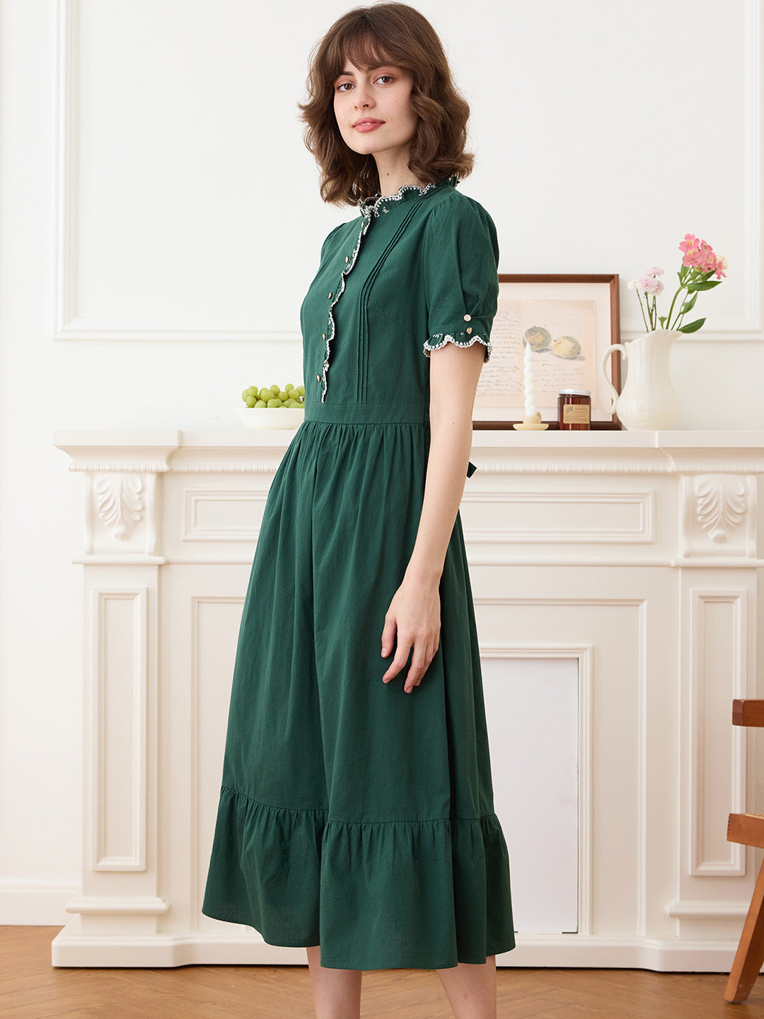 【Final Sale】Romina Cotton Vintage Embroidered Green Dress