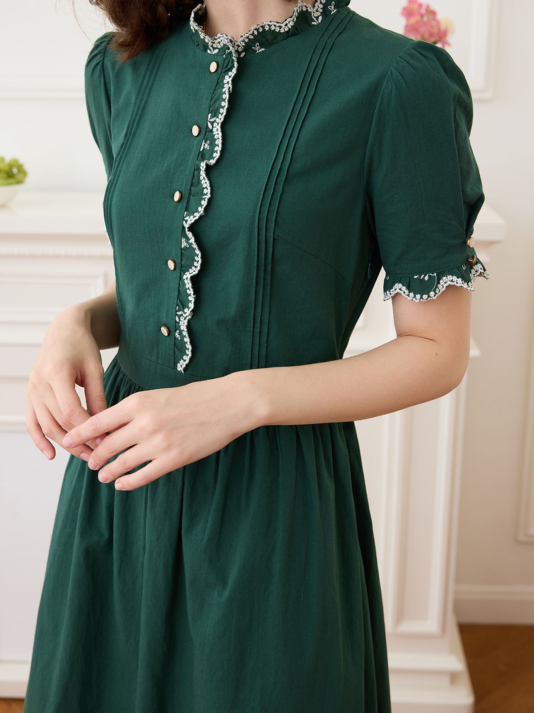 【Final Sale】Romina Cotton Vintage Embroidered Green Dress