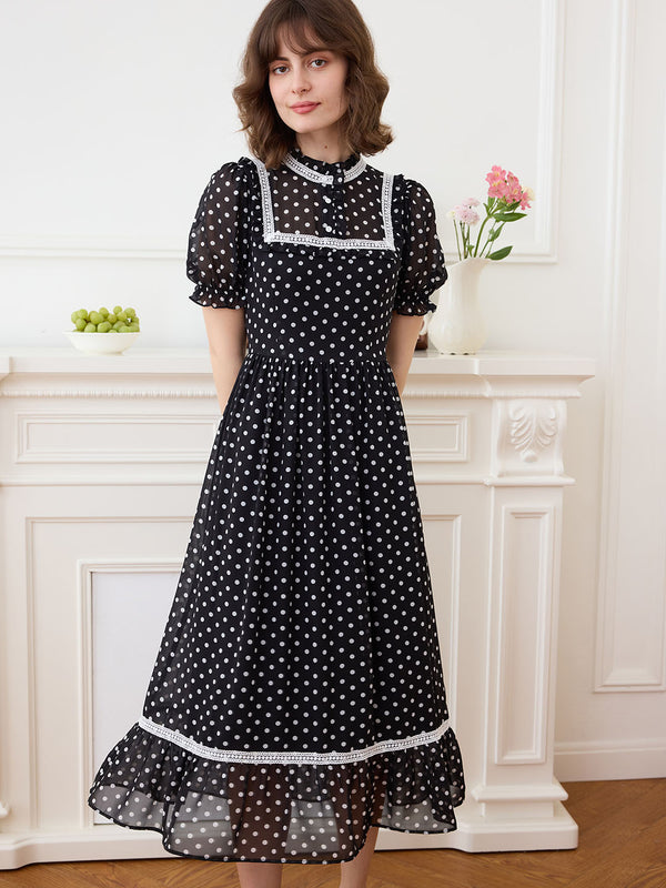 【Final Sale】Annika Polka Dot Print Mock Neck Puff Sleeve Chiffon Dress