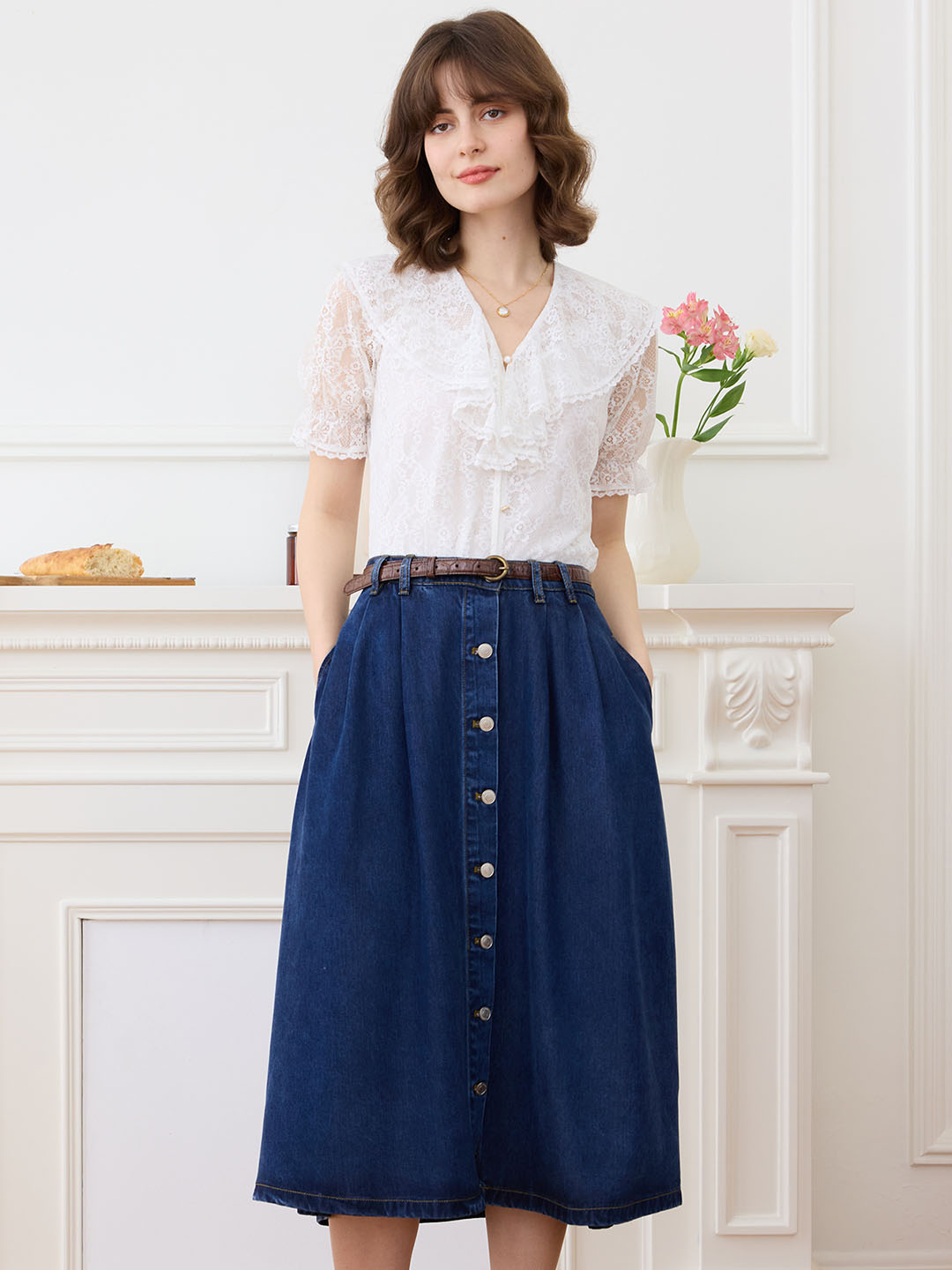 Kataleya Sweet Ruffle Neck Lace Blouse
