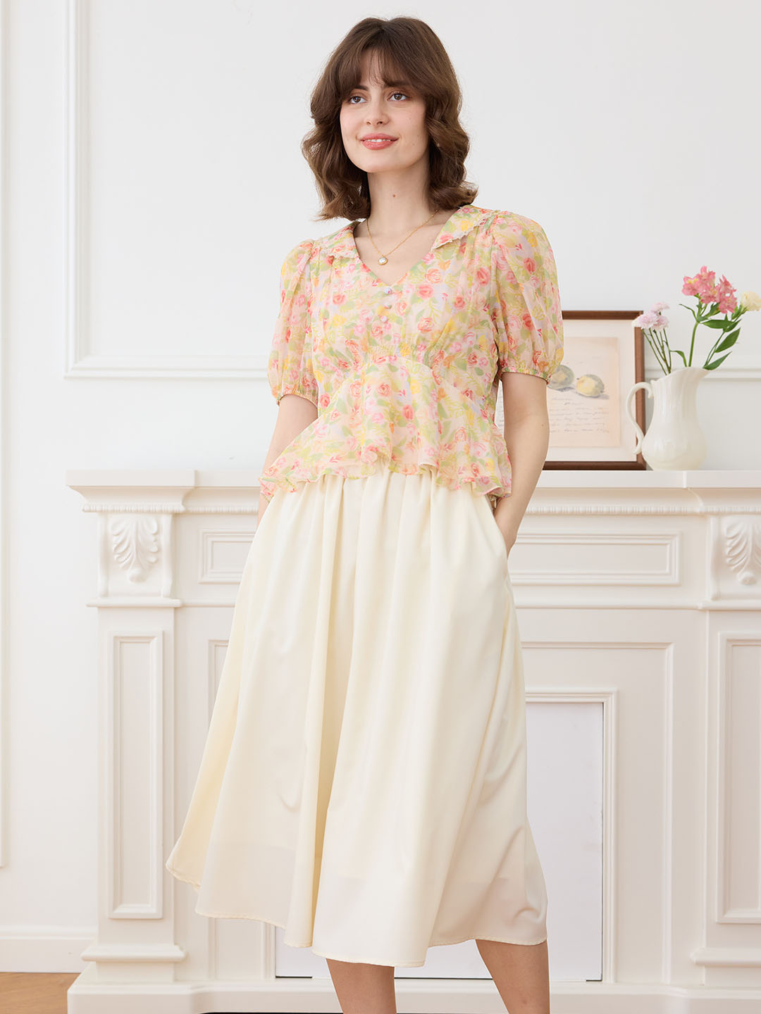 【Final Sale】Aliza Chiffon V-neck Puff Sleeve Blouse