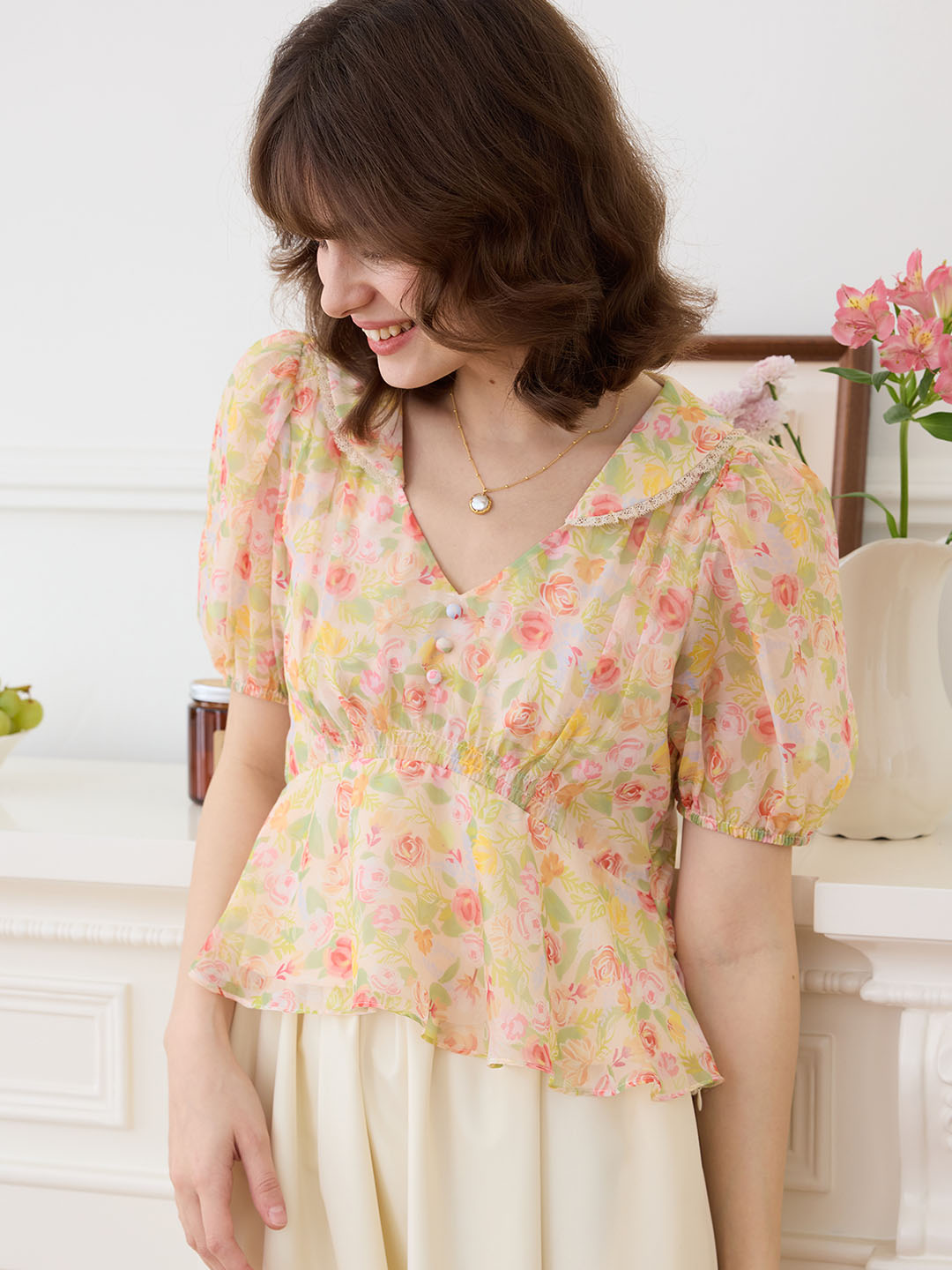 【Final Sale】Aliza Chiffon V-neck Puff Sleeve Blouse