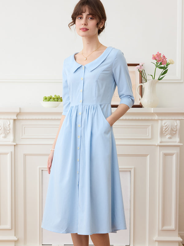 Kinslee Elegant Lapel Blue A-Line Dress
