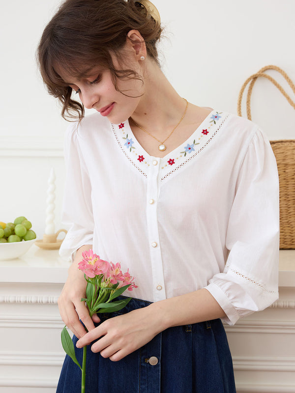 【Final Sale】Lara V Neck Colorful Embroidered Cotton Blouse