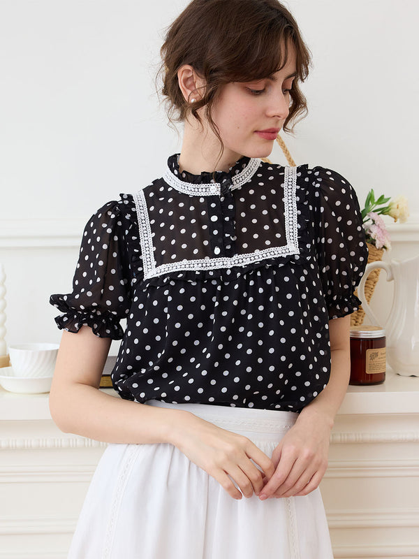 【Holiday Sale】Natasha Polka Dot Print Mock Neck Puff Sleeve Chiffon Blouse