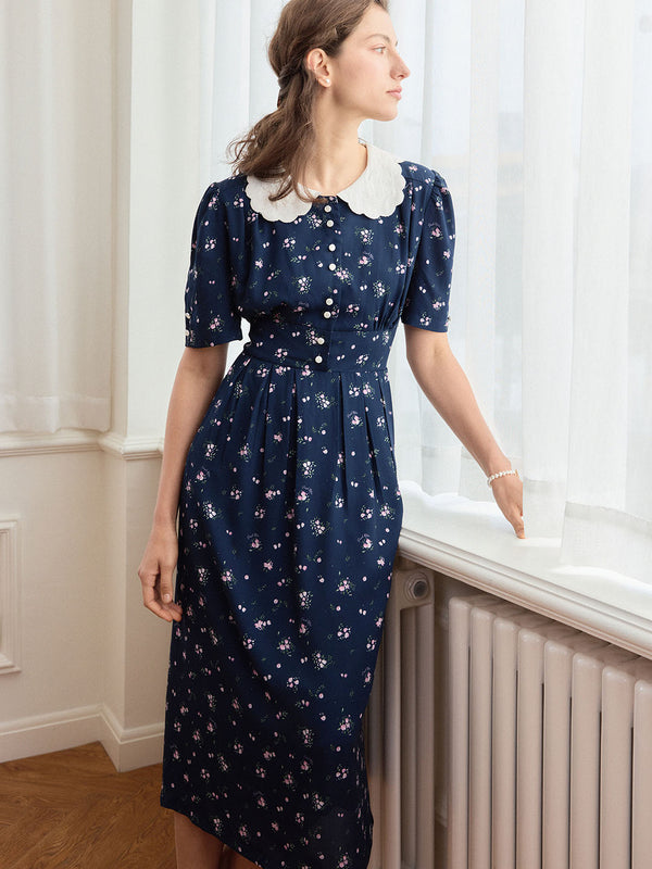 【Black Friday】Yasmin Floral Print Doll Neck Puff Sleeve Contrast Dress