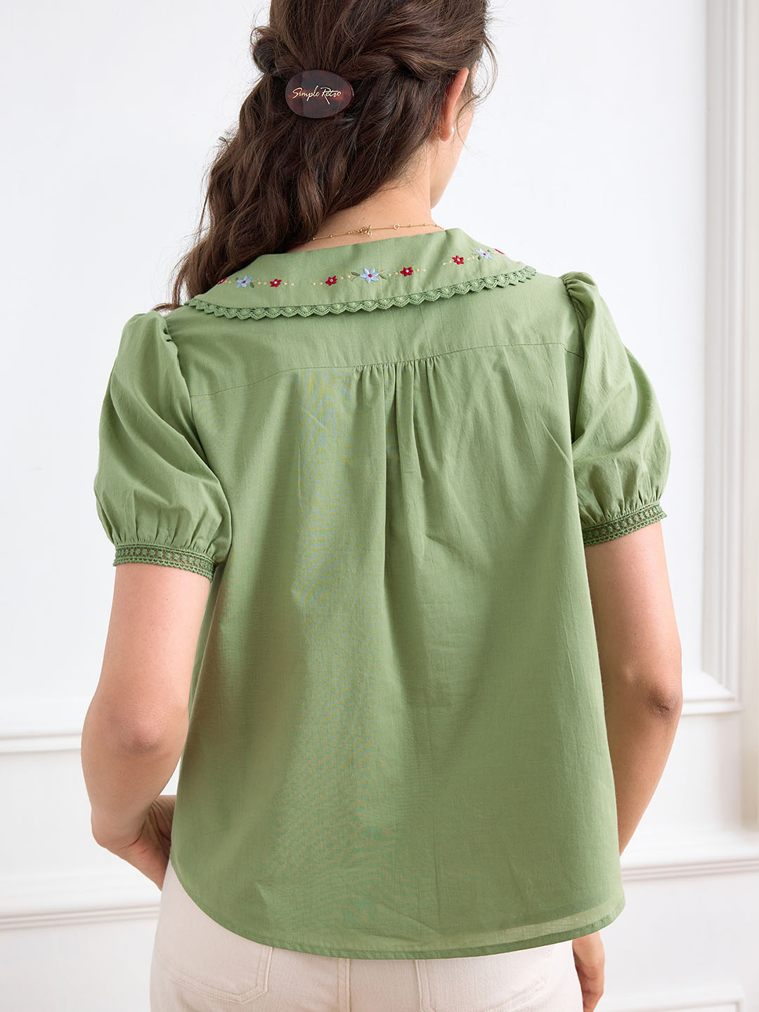 【Final Sale】Angelique Embroidered Lapel Puff Sleeve Cotton Shirt