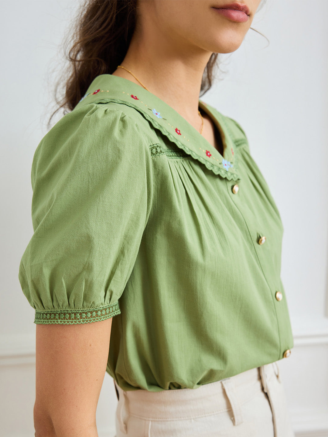 【Final Sale】Angelique Embroidered Lapel Puff Sleeve Cotton Shirt