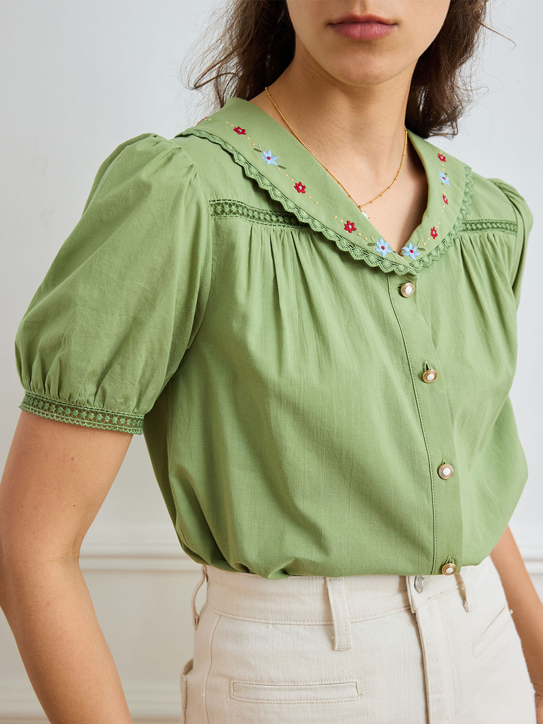 【Final Sale】Angelique Embroidered Lapel Puff Sleeve Cotton Shirt