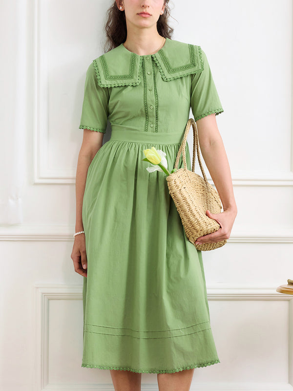 Anais Sailor Collar Lace Panel Cotton Dress