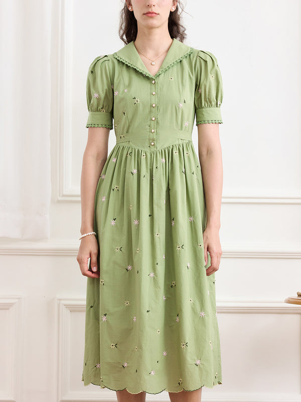 Zhuri Embroidery Ditsy Floral Puff Sleeve Cotton Dress