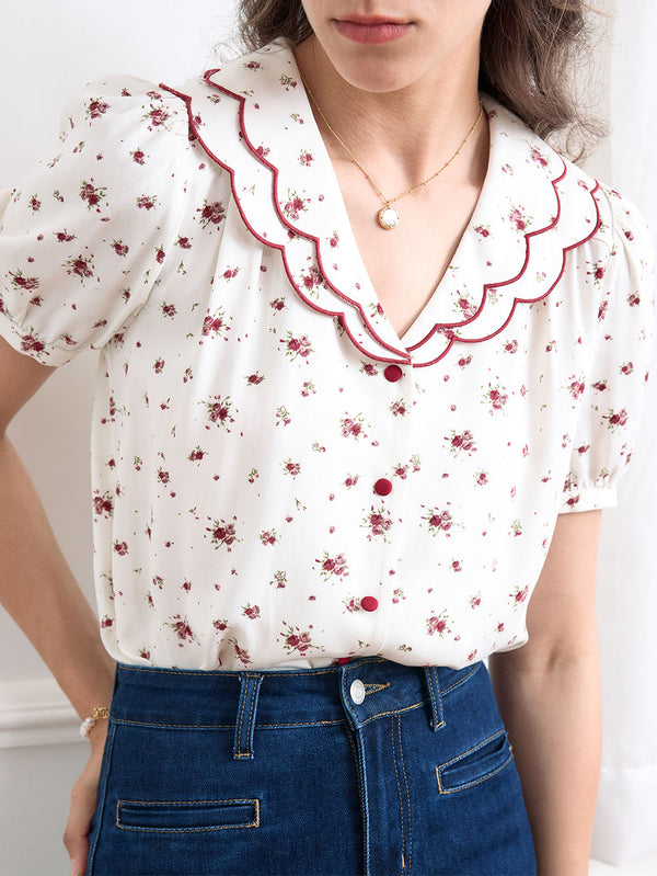 Indie Wavy Collar Contrast Embroidered Blouse