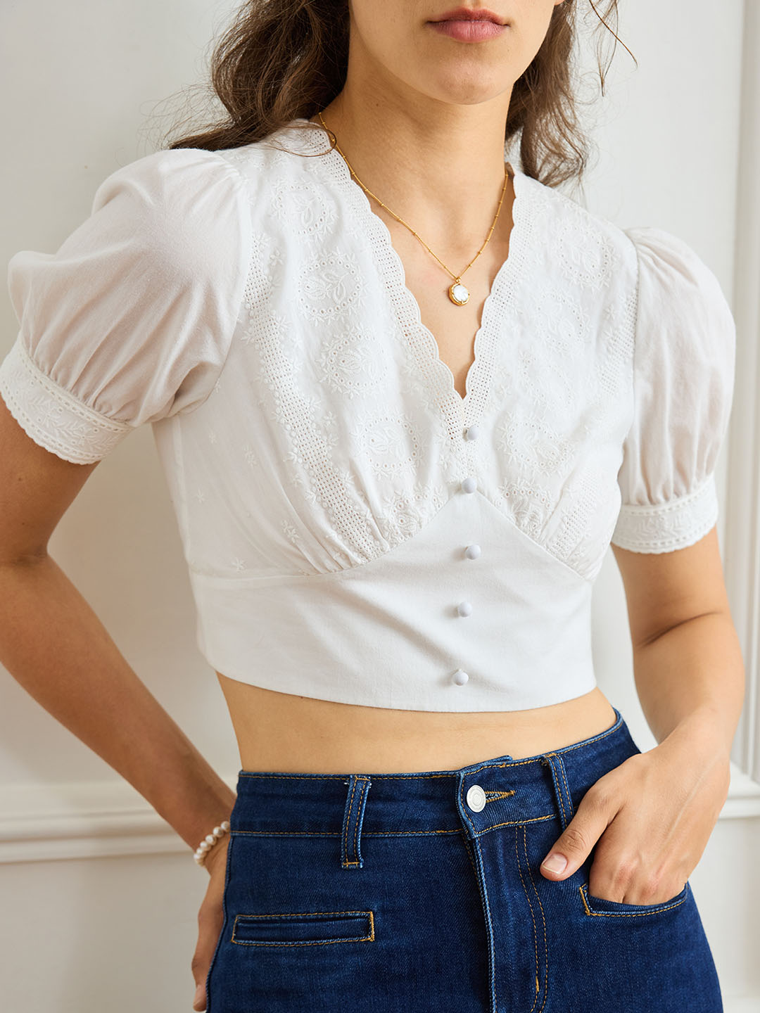 Baylee Cotton V Neck Puff Sleeve Embroidered Blouse
