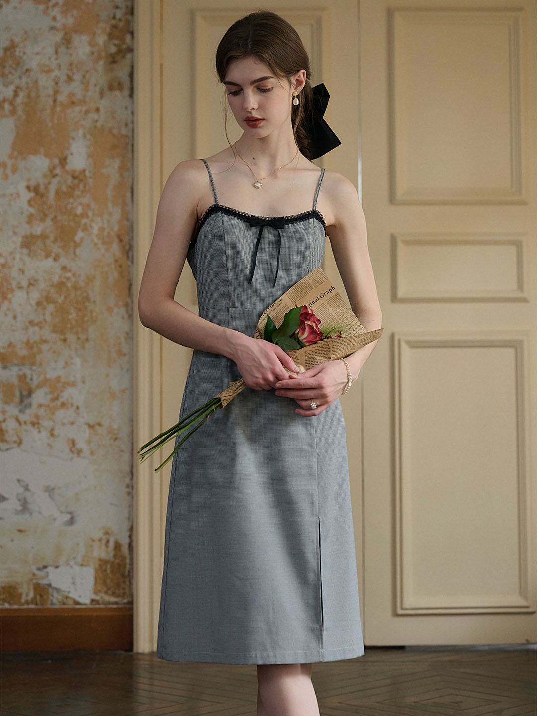 【Final Sale】Valeria Sweet Bow Houndstooth Slip Dress